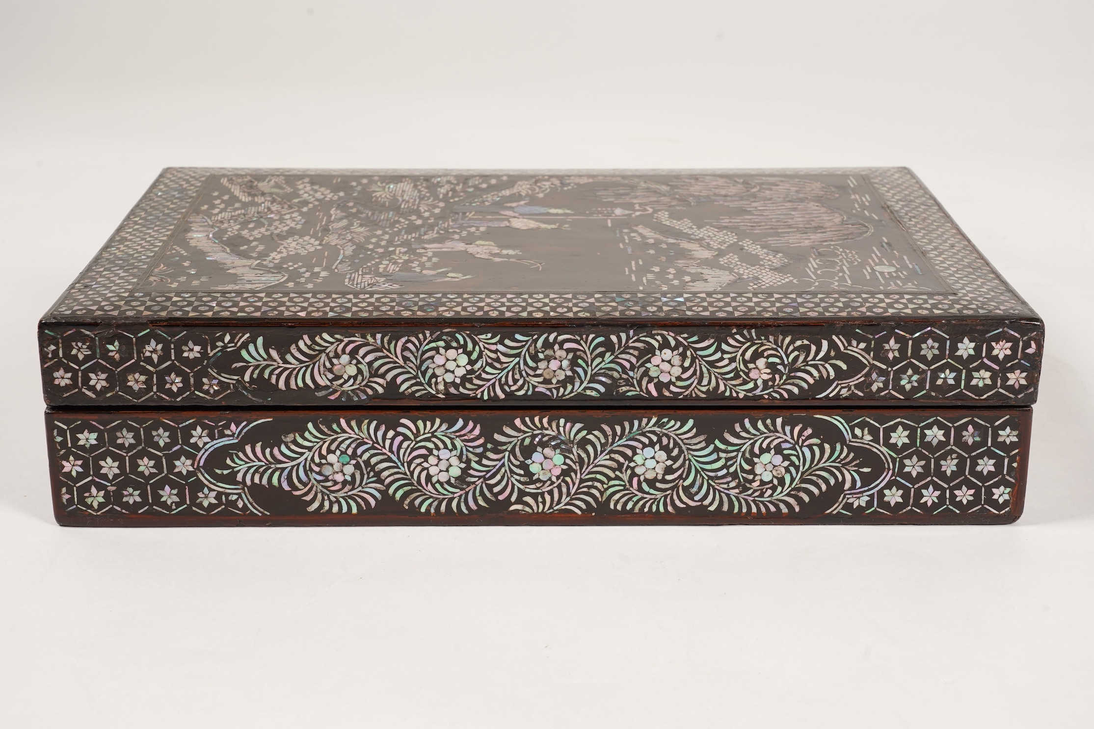 A Chinese Ming mother-of-pearl inlaid lacquer document box and cover, 15th century